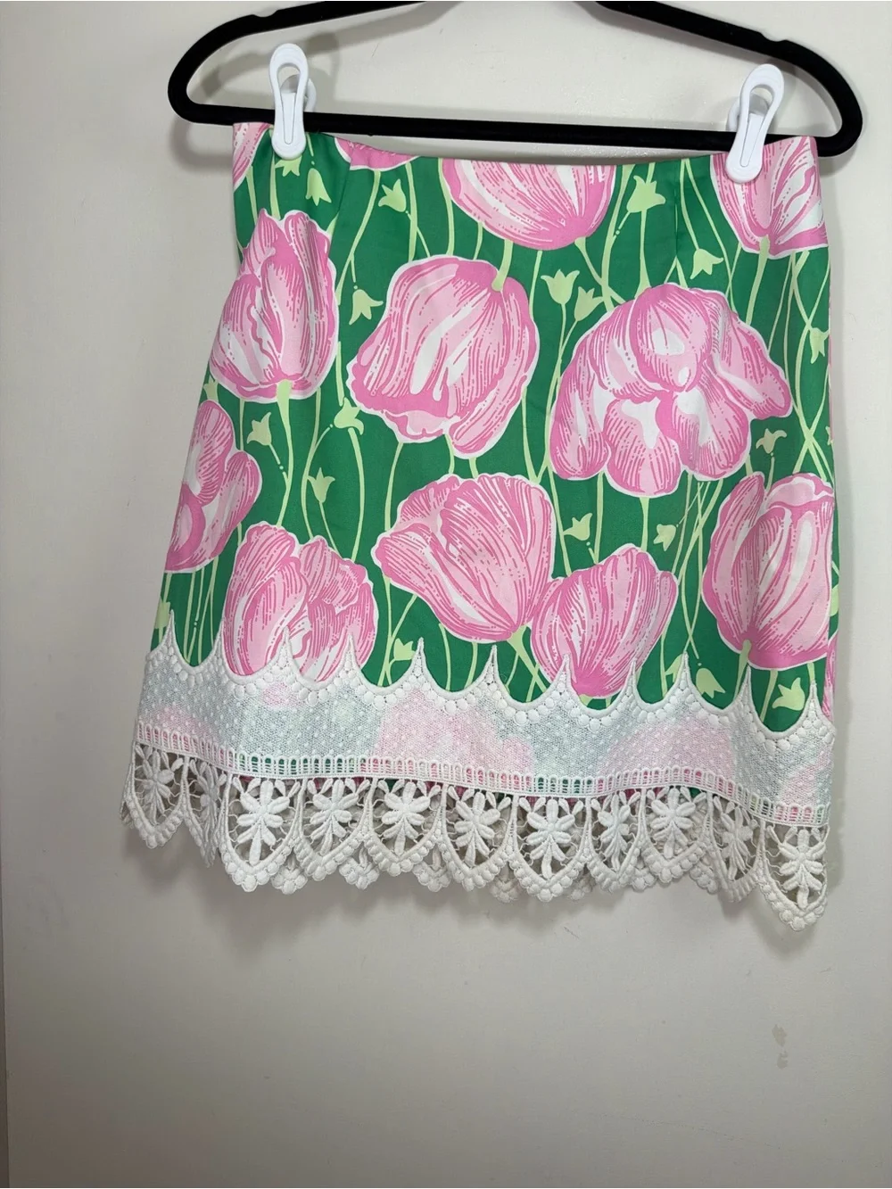 Lilly Pulitzer Pink Green Vintage Floral Tulips Lace Trim Cottagecore Skirt Sz 6